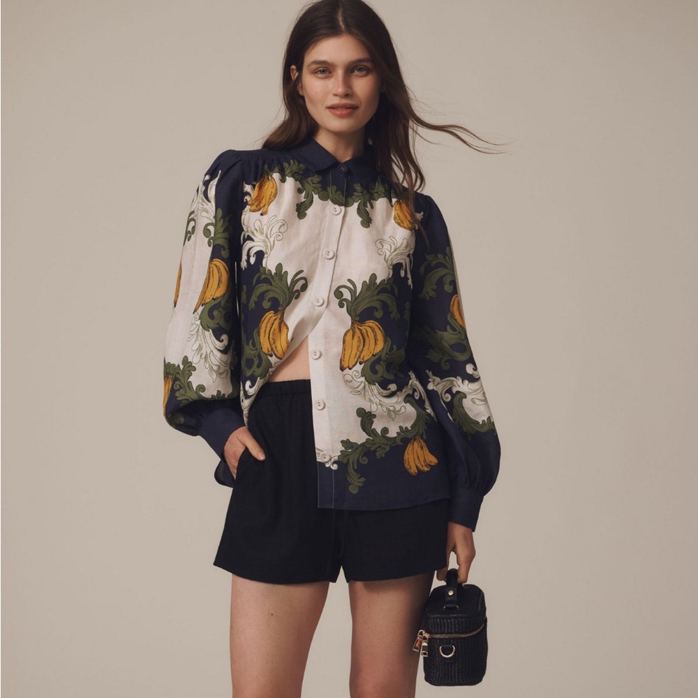Farm Rio x Anthropologie Puff-Sleeve Printed Buttondown Blouse size small